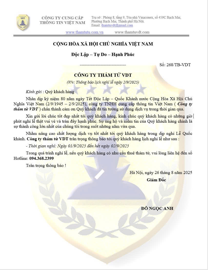 CÔNG TY THÁM TỬ VDT THÔNG BÁO LỊCH NGHỈ LỄ QUỐC KHÁCH 2/9/2025