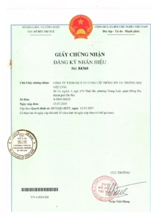 Giấy chứng nhận đăng ký nhãn hiệu (Bản nháp mới) Giấy chứng nhận đăng ký nhãn hiệu VDT số 84368 - trang 1