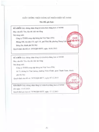 Giấy chứng nhận đăng ký nhãn hiệu (Bản nháp mới) Giấy chứng nhận đăng ký nhãn hiệu VDT số 84368 - trang sửa đổi, gia hạn