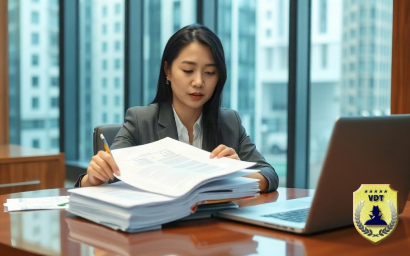 Chủ doanh nghiệp xem xét hồ sơ đại lý trước khi ký hợp đồng